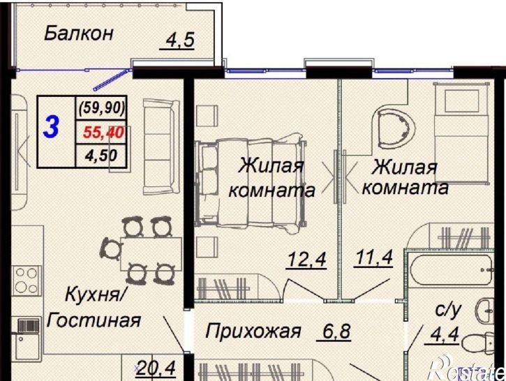 3-комн квартира Российская улица, 19Б,  д. 19Б