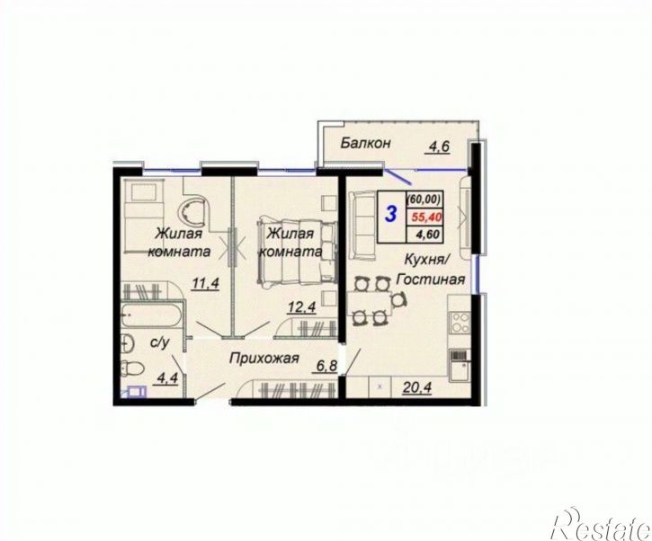 2-комн квартира в новом доме Российская улица, 6/1 к3,  д. 6/1 к3