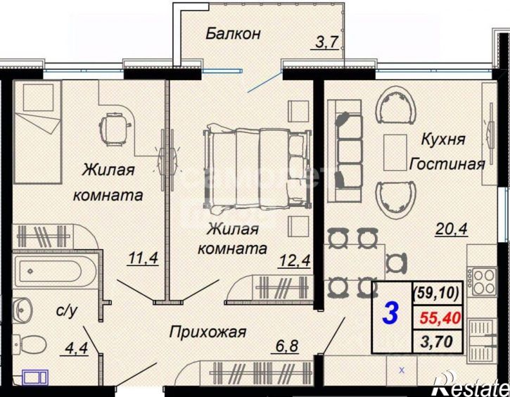 3-комн квартира ул Российская, 26Б,  д. 26Б